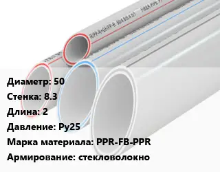 Труба полипропиленовая 50 s=8.3 L=2 Ру25 PPR-FB-PPR стекловолокно